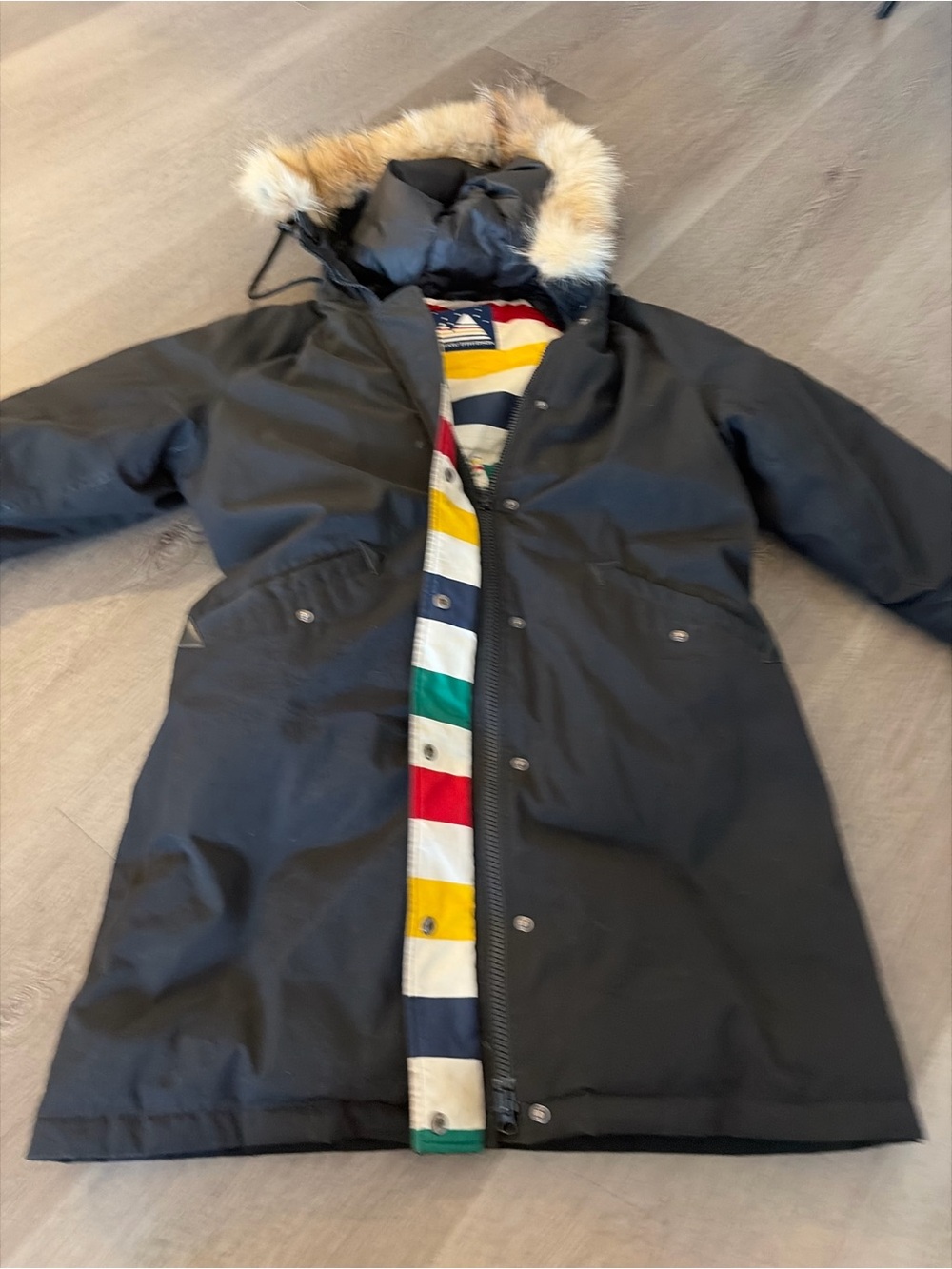Hudson‎ Bay stripes Black Parka Jacket with  Fur Hood down fill